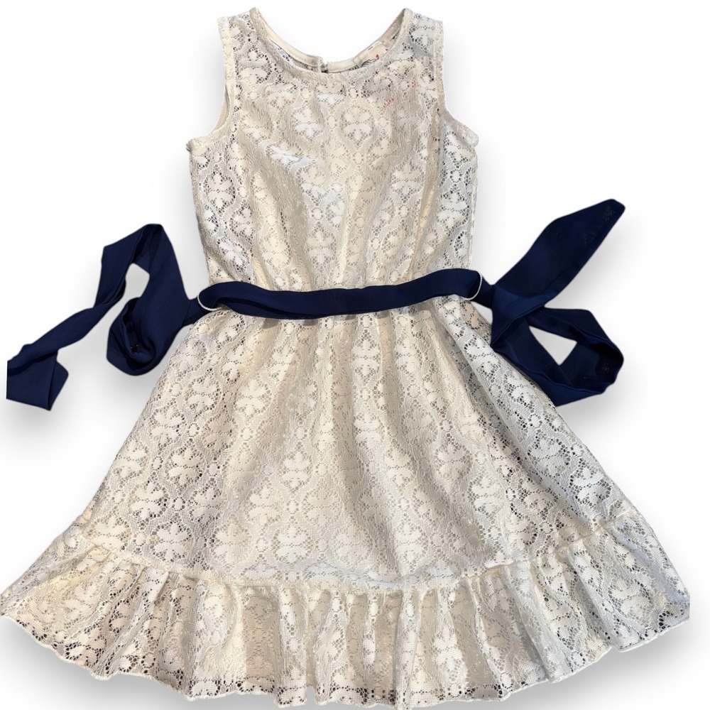 Jenna & Jessie Girls Ivory Floral Lace Dress Navy Blue Sash Size 5 Special Event